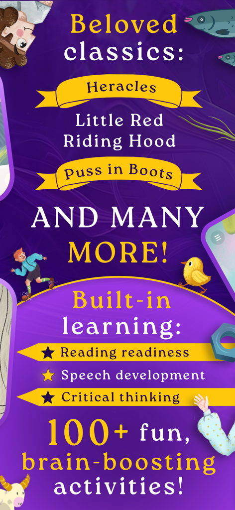 Boook app interface showcasing classic fairy tales and educational learning features like reading readiness and speech development.