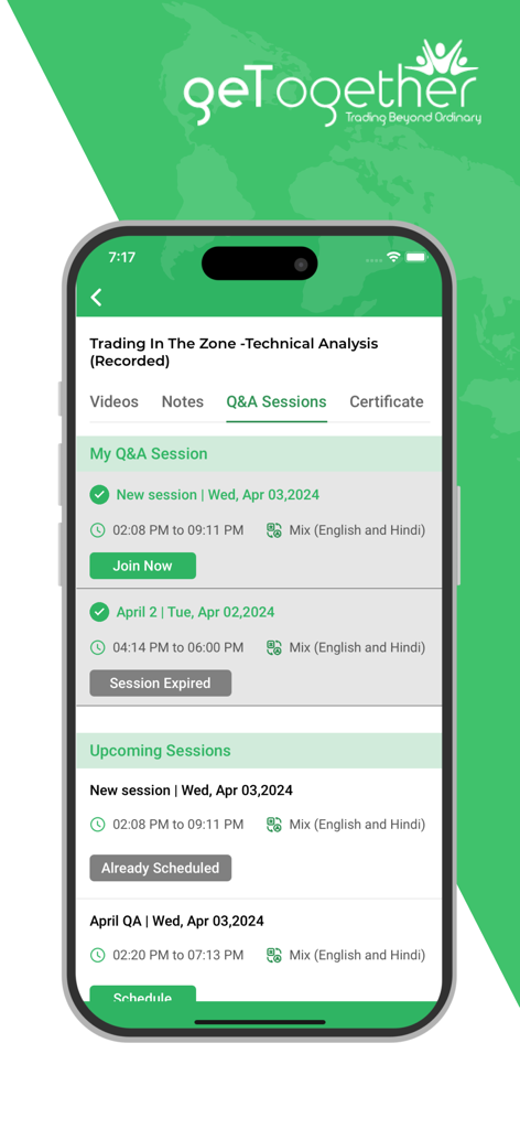 Interface do aplicativo GTF mostrando uma lista de sessões de perguntas e respostas futuras e gravadas para um curso de trading de análise técnica.