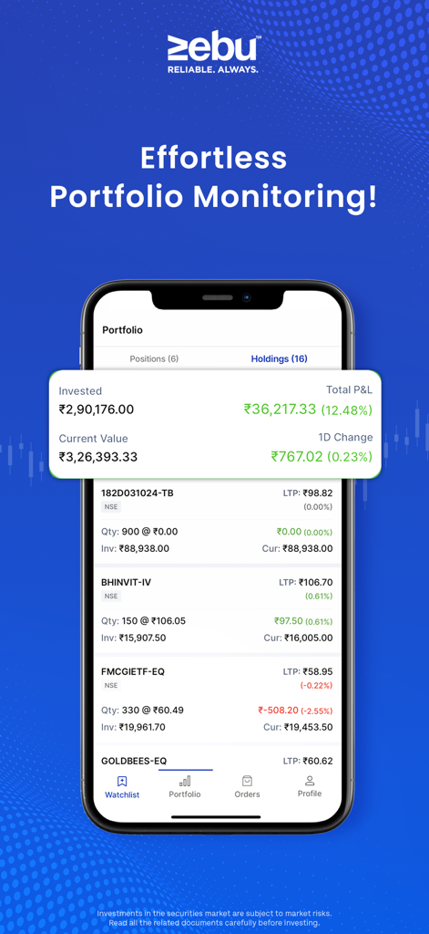 MYNT by Zebu - Invest & Trade - Interfaz de la aplicación MYNT by Zebu que muestra las tenencias de inversión y los datos de ganancias y pérdidas
