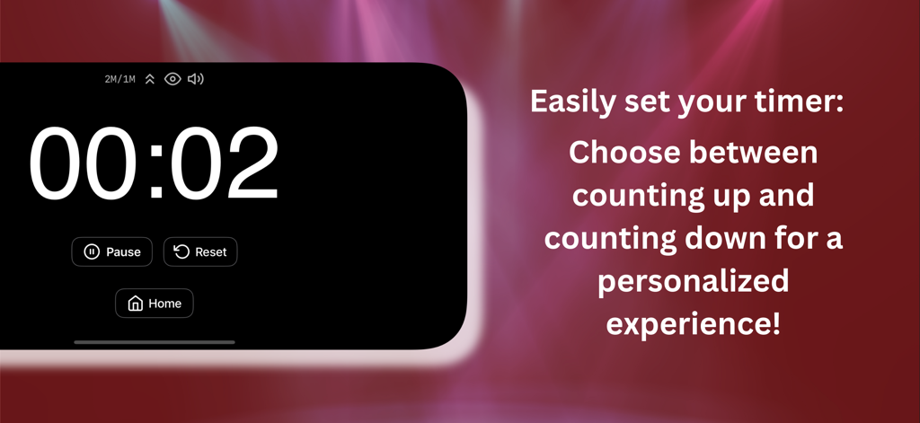 Stage Presence: Lite - Interfaz de la aplicación Stage Presence Lite que muestra los controles del temporizador con botones de cuenta regresiva y pausa