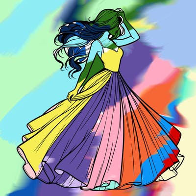 realistic woman with dress flowing in the wind