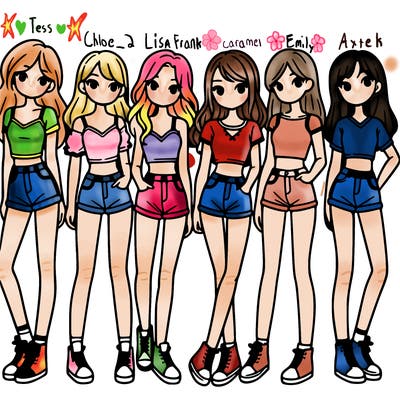 a group of girls wearing crop tops and shorts