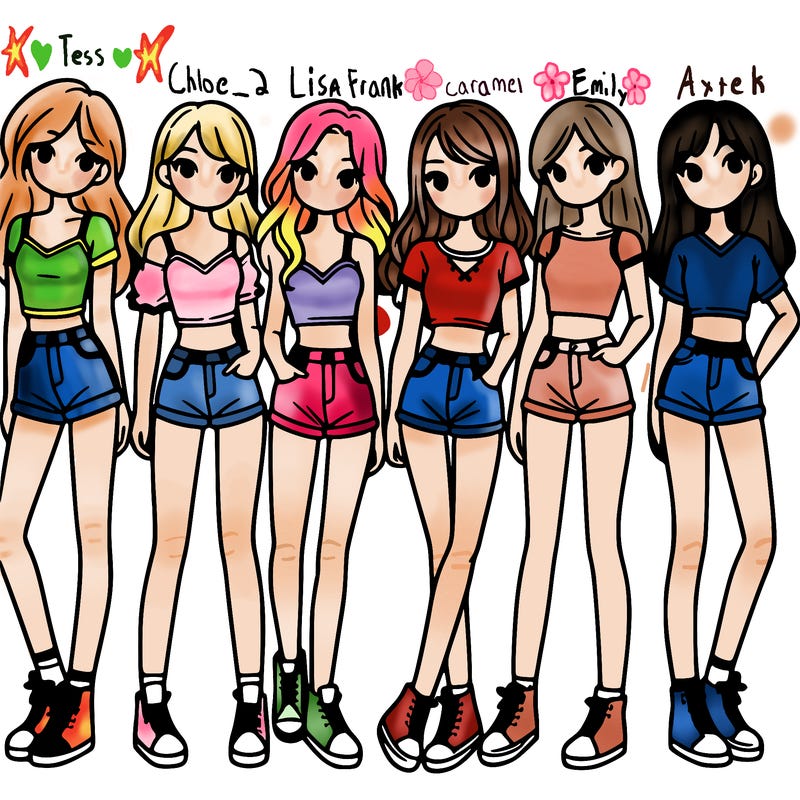 a group of girls wearing crop tops and shorts