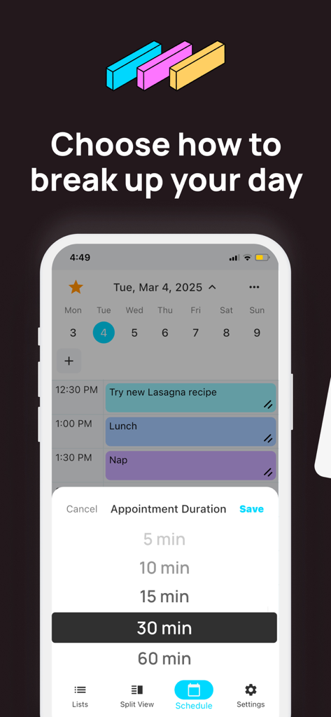 TimeFinder: Time Blocking - TimeFinder app screen for choosing time block durations from 5 to 60 minutes