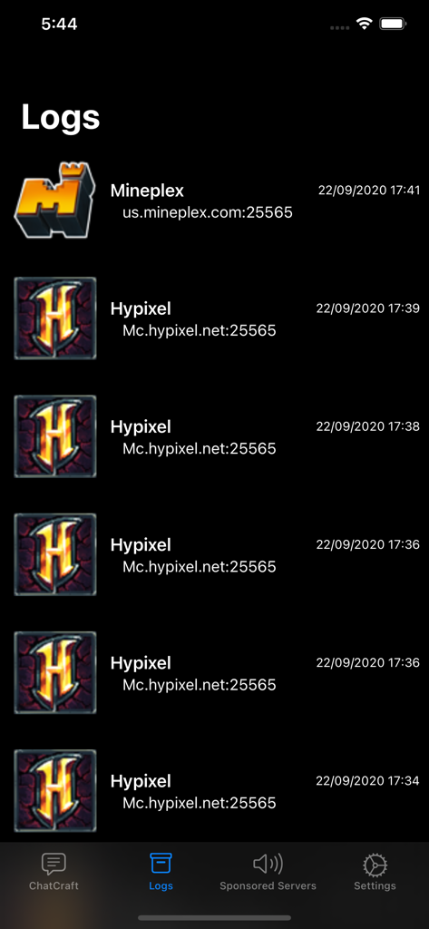ChatCraft Pro for Minecraft - ChatCraft Pro for Minecraft logs screen showing server connection history