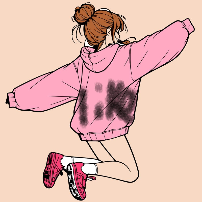 realistic girl jumping with a bun and oversized sweatshirt