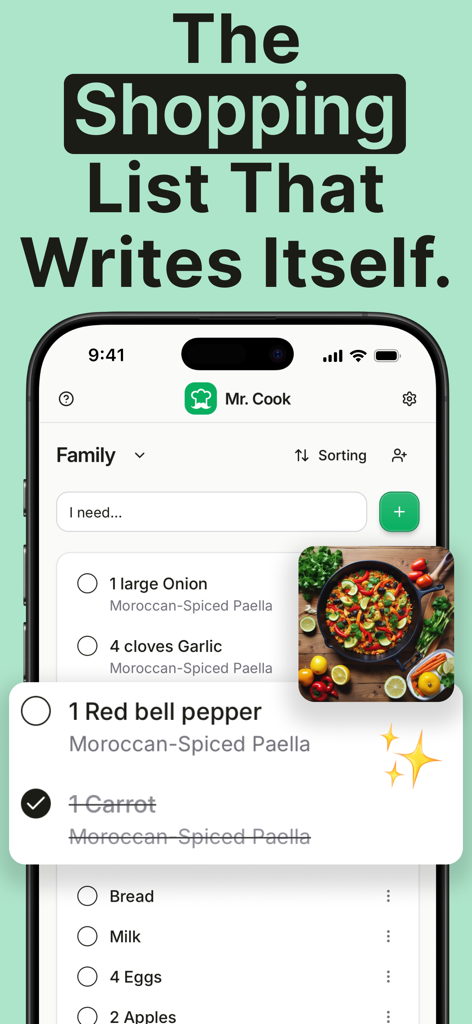 Recipe Keeper - Mr. Cook - Automated grocery list in the Mr. Cook app for a Moroccan paella recipe