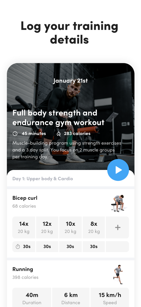 Virtuagym: Fitness & Workouts - Una pantalla de registro de entrenamiento en la app Virtuagym con detalles del ejercicio