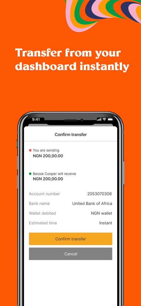 Flutterwave - A smartphone screen showing the Flutterwave mobile app confirm transfer interface for sending money instantly.
