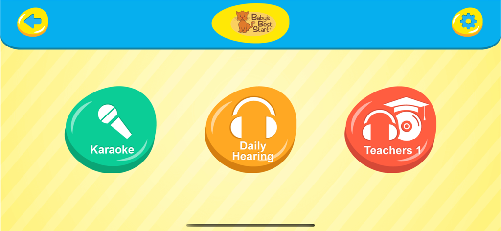 Main menu of the Helen Doron Stream app featuring buttons for Karaoke Daily Hearing and Teachers