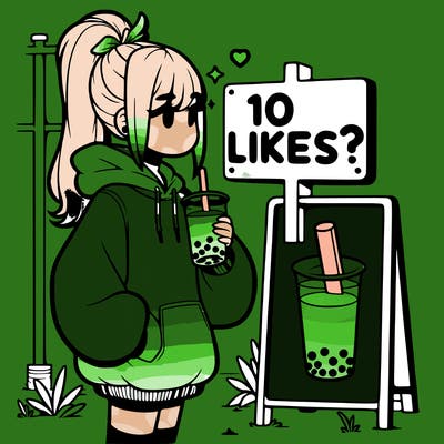 girl with oversized hoodie drinking boba and she has a high ponytail with a sign that says 10likes?
