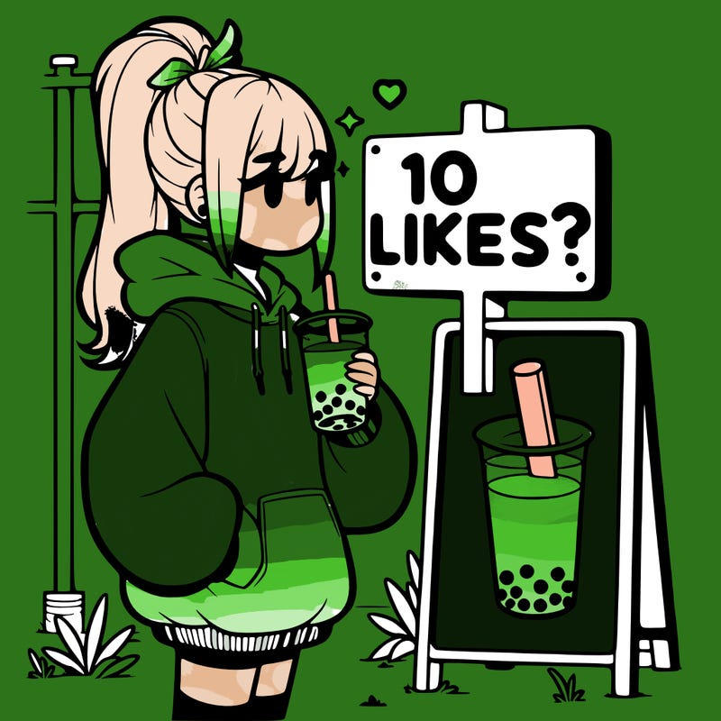 girl with oversized hoodie drinking boba and she has a high ponytail with a sign that says 10likes?