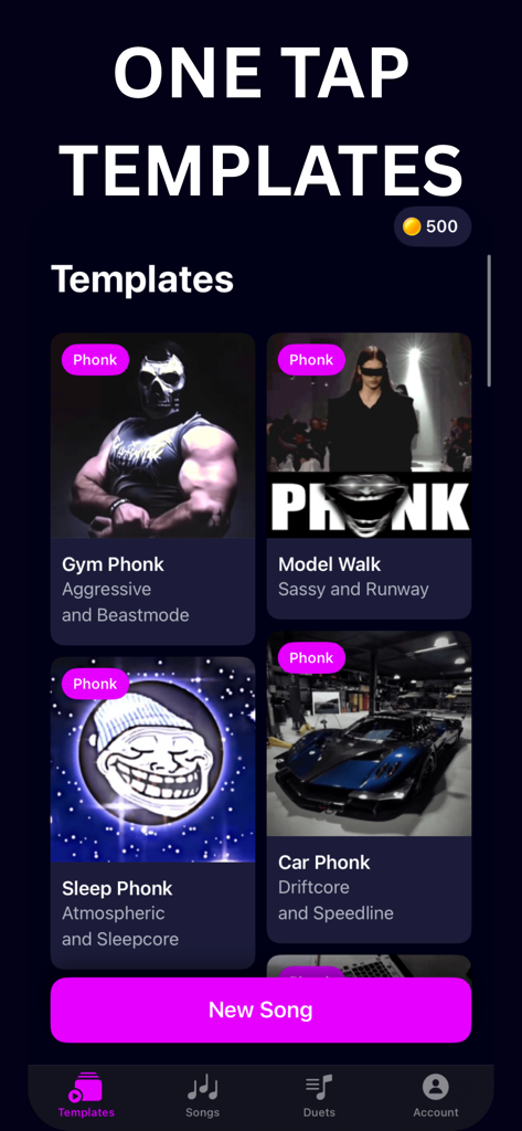 Un'interfaccia mobile di Phonk Maker che mostra template di creazione musicale come Gym Phonk e Car Phonk