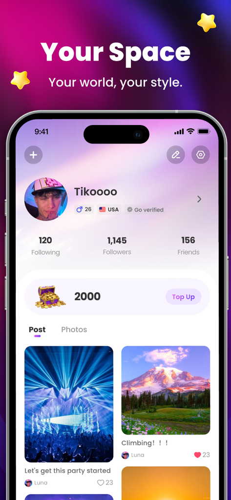 Tiko - Spark Your Creativity - Pantalla de perfil de usuario de la aplicación Tiko que muestra el recuento de seguidores, monedas y publicaciones de fotos bajo el título Tu Espacio.
