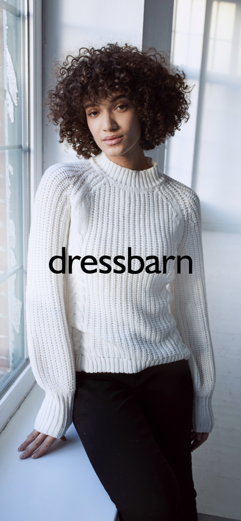 Dressbarn - Woman in white sweater representing Dressbarn womens fashion app