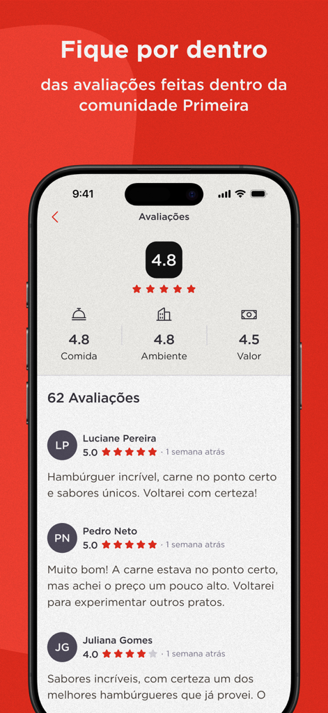 A mobile app interface showing restaurant reviews and ratings for food and value