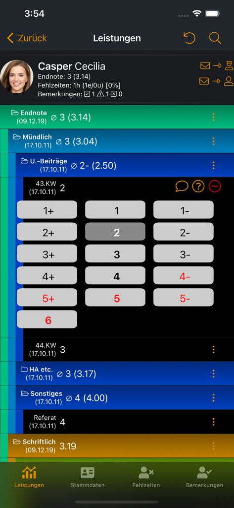 Mobile app interface for recording student performance and grades with a numeric keypad and categorical breakdowns
