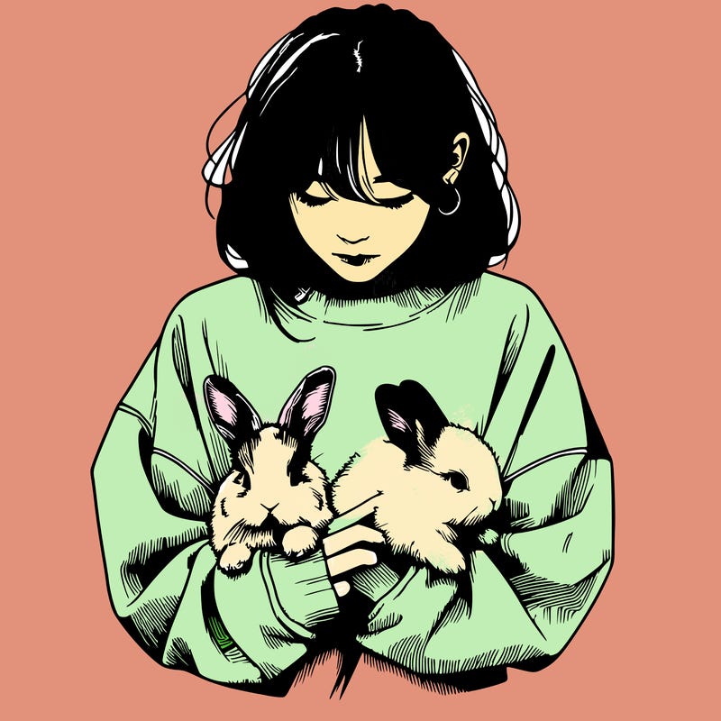 realistic girl with messy bunny baggy sweatshirt and holding bunnies