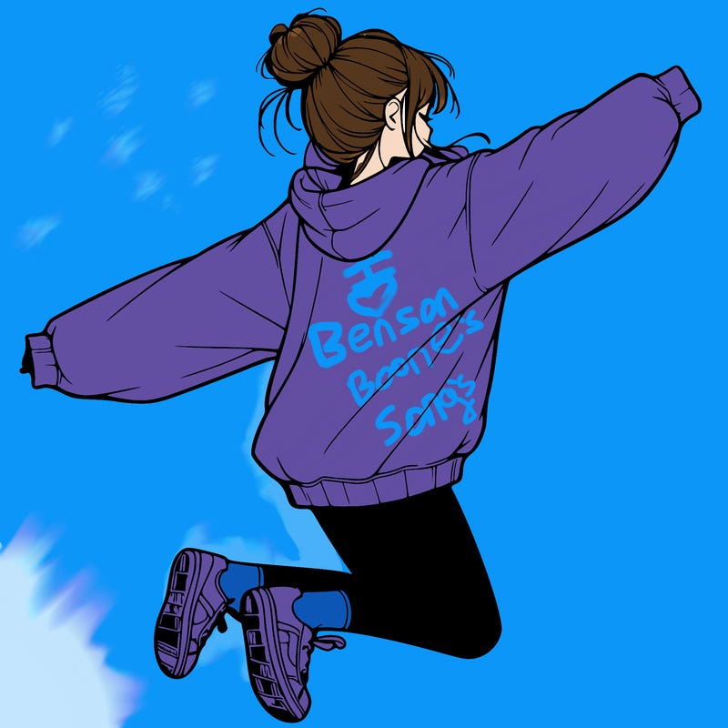 realistic girl jumping with a bun and oversized sweatshirt