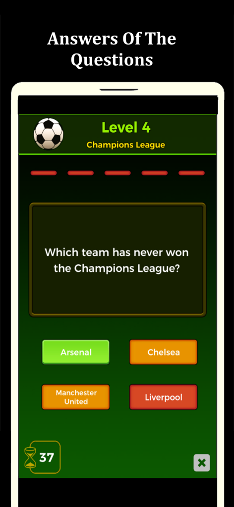 Football Quiz - Trivia 2026 - Mobile app interface of Football Quiz showing a Champions League trivia question with multiple choice options like Arsenal and Chelsea.