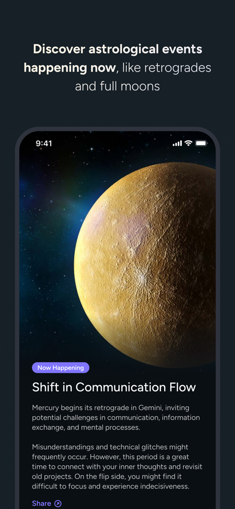 Interface do aplicativo de astrologia Stellium mostrando eventos cósmicos em tempo real e detalhes sobre retrogradação de Mercúrio.