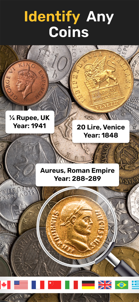 AI Coin Identifier app showing identification of historical coins from various countries with a magnifying glass focus