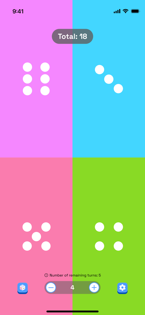 Dice Roller - Dice Challenge - A mobile app screen showing four dice rolled with a total sum of eighteen on a colorful grid.