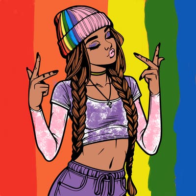 realistic teenage girl with braids and a beanie and crop top doing 🫶🏼