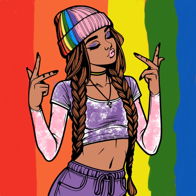 realistic teenage girl with braids and a beanie and crop top doing 🫶🏼