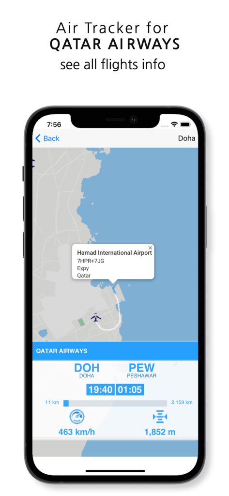Qatar Airways flight tracker screen showing real-time aircraft speed and altitude on a map