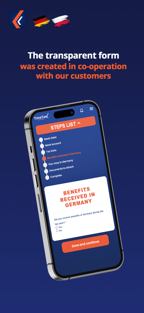 TimeTax Mobile App-Oberfläche, die ein Schritt-für-Schritt-Formular für die Beantragung einer Steuerrückerstattung aus Deutschland zeigt