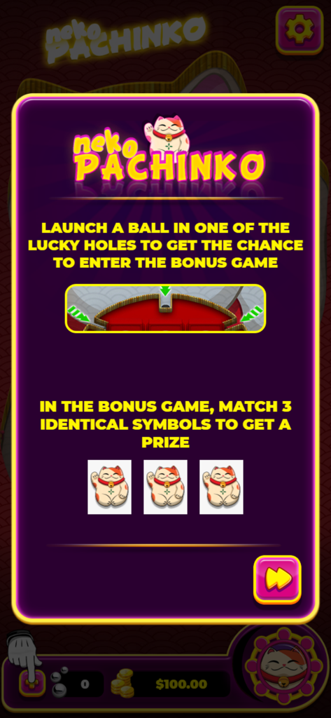 Pachinko Neko - 공을 행운의 구멍에 발사하고 상품을 위해 기호를 맞추는 방법을 설명하는 파칭코 네코 모바일 게임 튜토리얼 화면