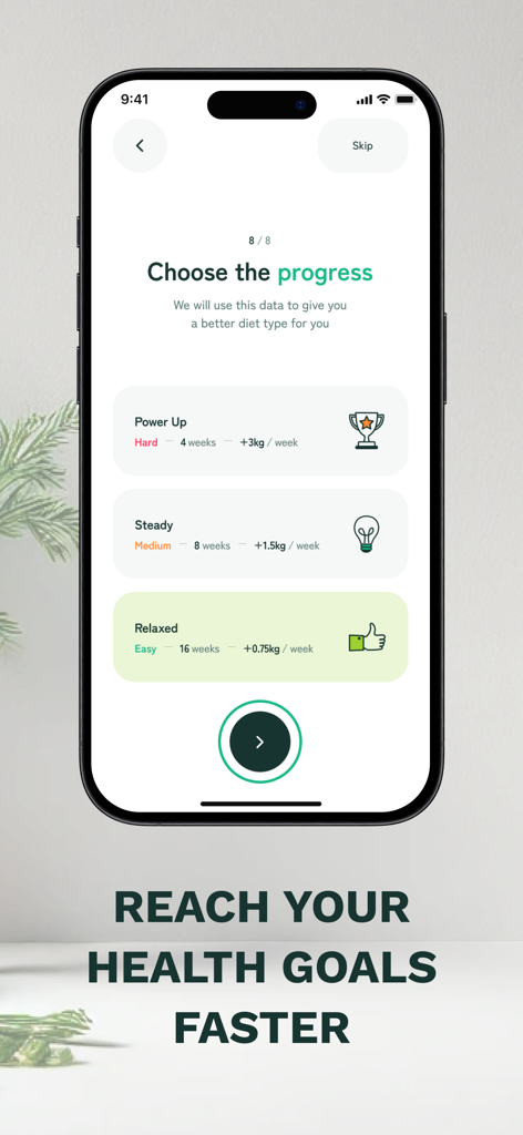 Interfaccia dell'app Nutrio Ai che mostra opzioni per scegliere la velocità di progresso della perdita di peso da rilassata a super veloce