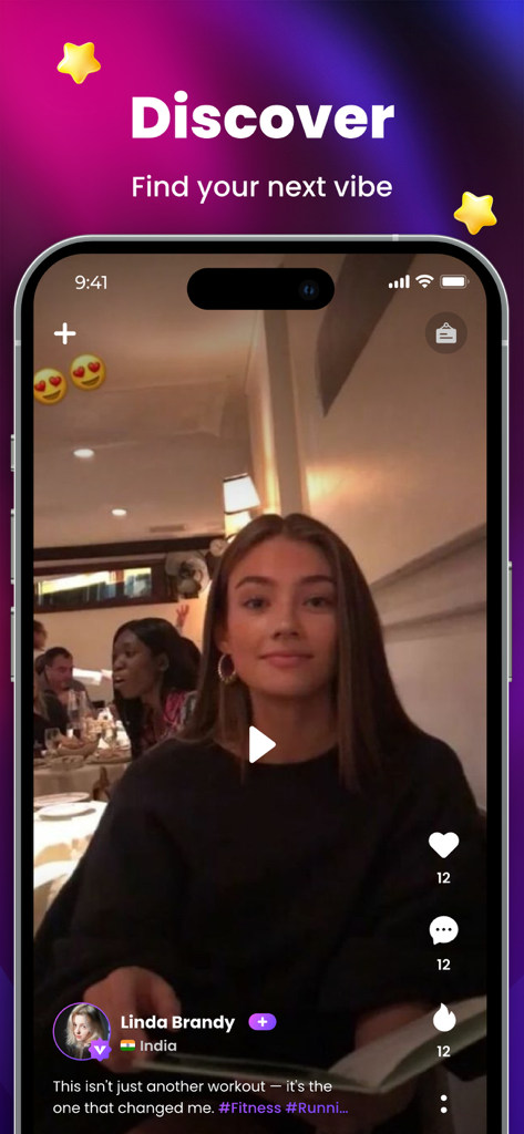 Tiko - Spark Your Creativity - Una interfaz móvil para Tiko que muestra una publicación de video de fitness en la pantalla de descubrimiento con un perfil de creador verificado.