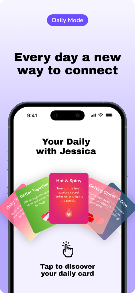 PairQ - Love Cue & Couple Quiz - PairQ app screenshot showing daily connection card decks for couples including Hot and Spicy and Deep Dive.