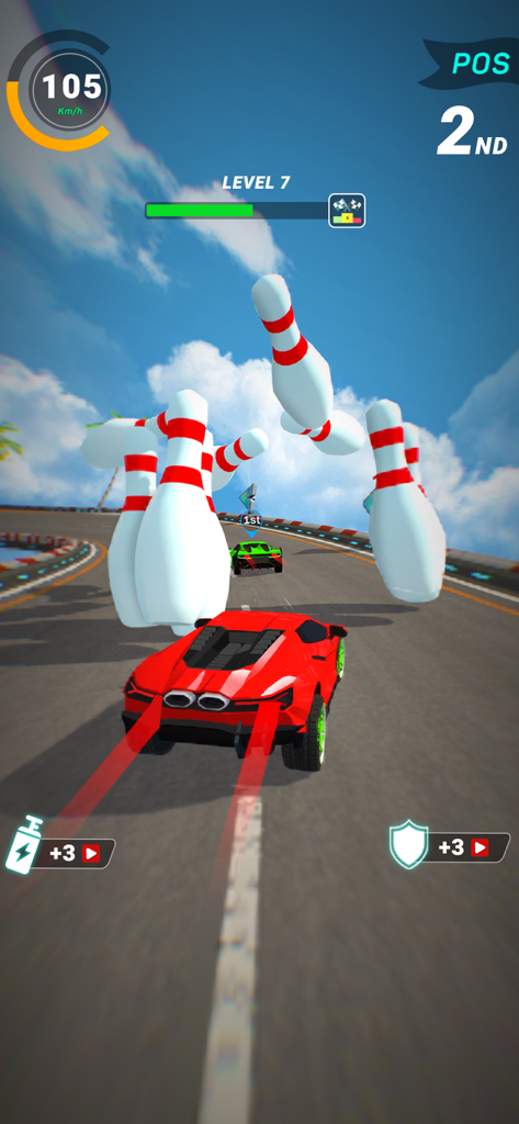 A red sports car racing on a track through flying giant bowling pins in GearHead Rush Adventure