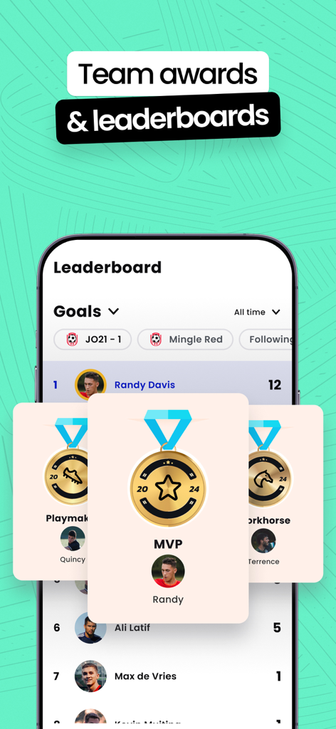 Mingle Sport app screen showing soccer team leaderboards and digital player awards like MVP and Playmaker