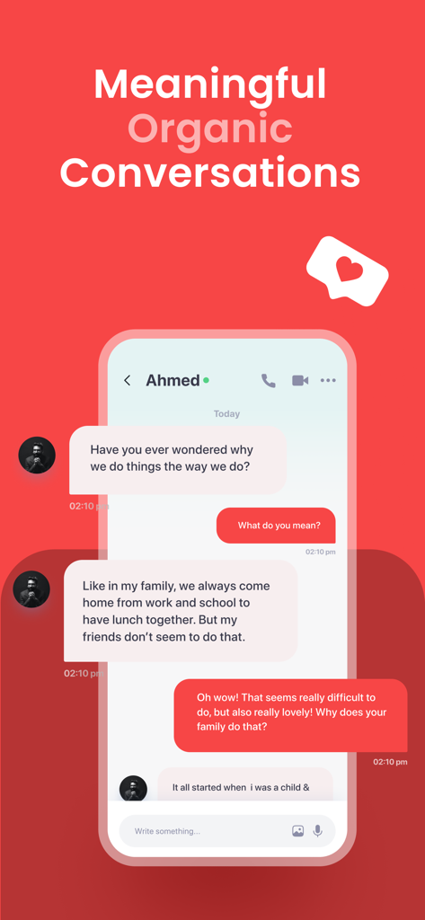 The Joon Muslim Marriage app chat interface showing a deep conversation between users about family traditions under the title Meaningful Organic Conversations.