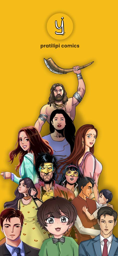 Pratilipi Comics - Un grupo de diversos personajes de cómics indios sobre un fondo amarillo para la aplicación Pratilipi Comics