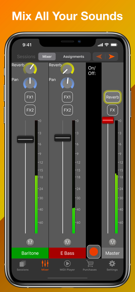 Turbosounds for Accordion - バリトンやEベースなどの楽器のボリュームスライダーとサウンドエフェクトコントロールを表示するTurbosounds for Accordionアプリのオーディオミキサーインターフェース。