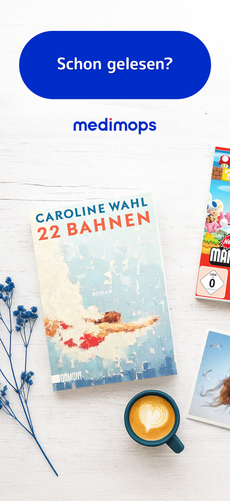 Medimops app promotion showing a second hand book titled 22 Bahnen next to a cup of coffee