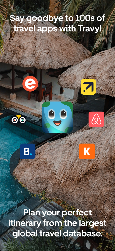Travy app logo surrounded by major travel platform icons like Airbnb and Expedia over a tropical villa background.