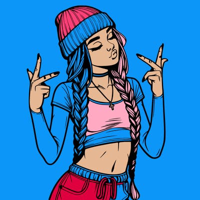 realistic teenage girl with braids and a beanie and crop top doing 🫶🏼
