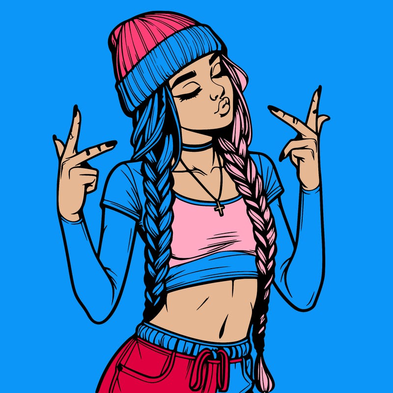 realistic teenage girl with braids and a beanie and crop top doing 🫶🏼