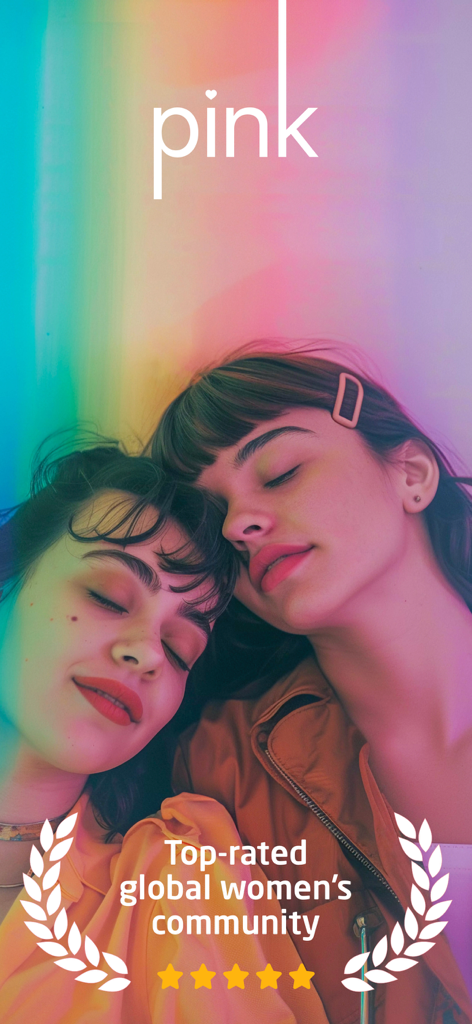 Dos mujeres jóvenes apoyadas una en la otra contra un fondo de arcoíris colorido para la aplicación social comunitaria de mujeres PINK