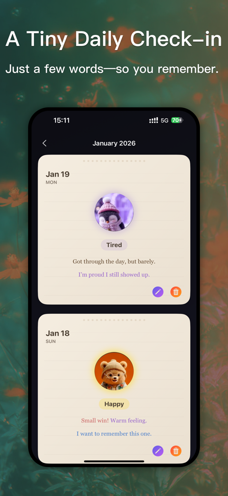 Interface of the Chill Tap app showing a daily mood journal with cute animal characters and short personal notes.