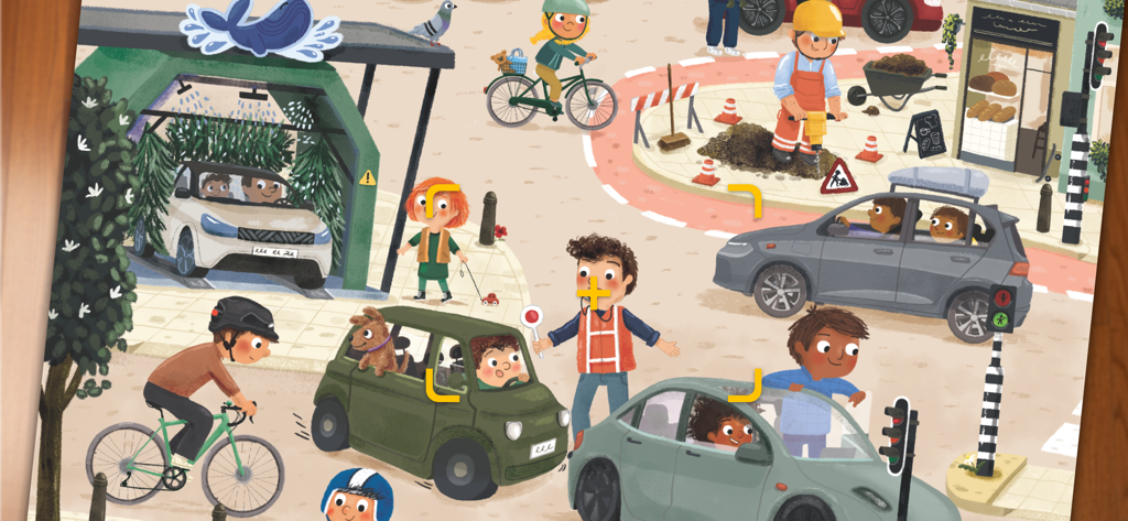 Rolf Connect augmented reality scanning an illustrated city scene puzzle featuring cars and people