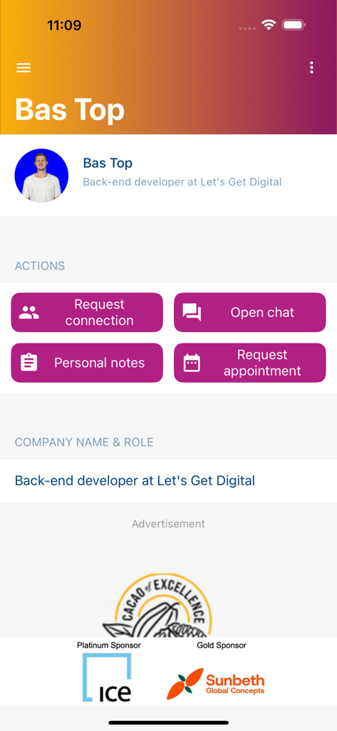 Amsterdam Cocoa Week - Una pantalla de perfil de usuario en la aplicación Amsterdam Cocoa Week que muestra opciones de contacto como solicitar conexión, abrir chat y solicitar cita.