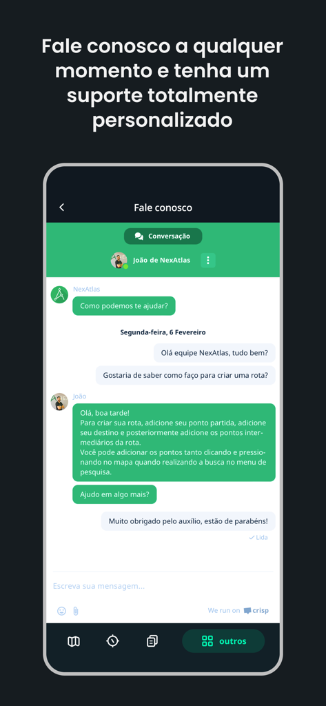NexAtlas - A mobile screenshot of the NexAtlas app showing a personalized customer support chat for pilots.