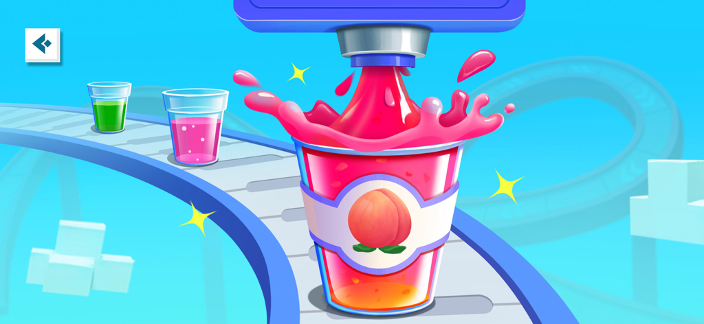 Little Panda: Pocket Factory - Máquina de jugos automática llenando una taza de bebida de durazno en una cinta transportadora de fábrica